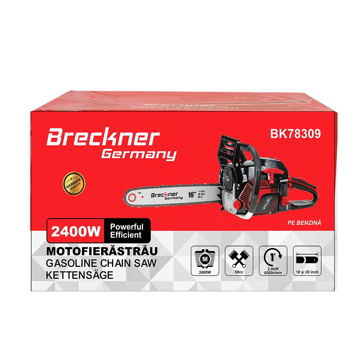 Motoferastrau, drujba 2 timpi, 58cc, 3.3CP, 8500rpm cu lama 18 inch(45cm) Breckner Germany